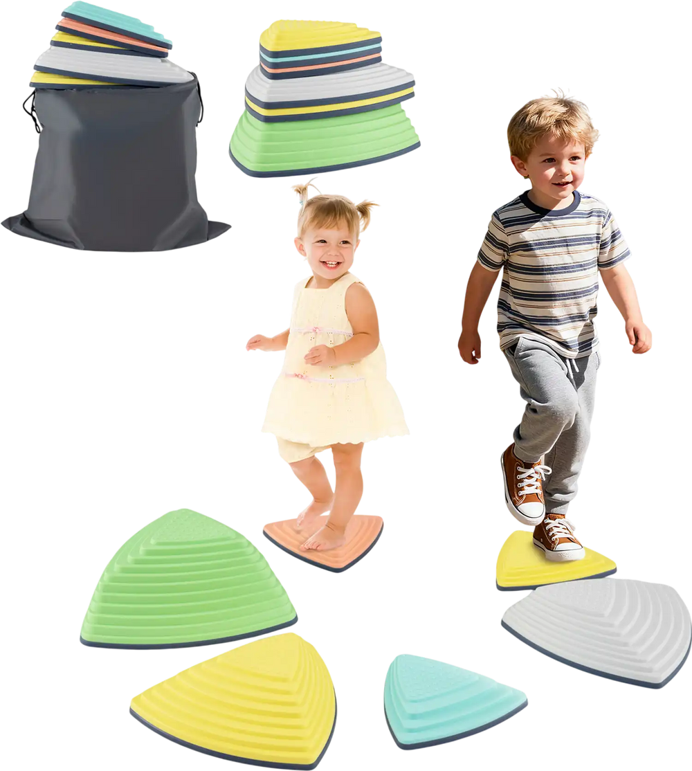 Colorful set of 6 non-slip balance stones for kids, stackable with storage bag, ideal for play and coordination.
