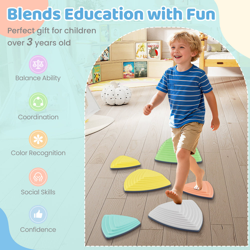 Set of 6 non-slip balance stones for kids, promoting coordination and color recognition, ideal for indoor and outdoor.