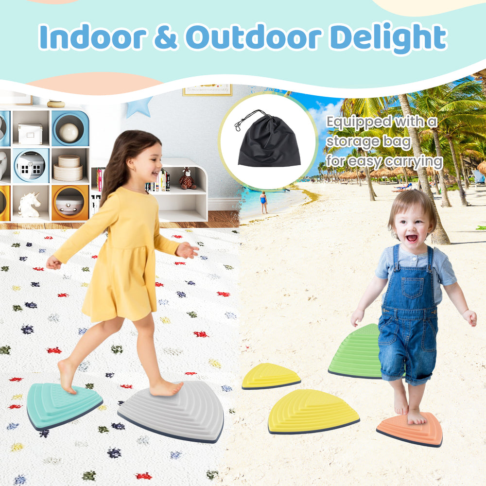 Colorful set of 6 non-slip balance stones for kids, perfect for indoor and outdoor play, with a convenient storage bag.