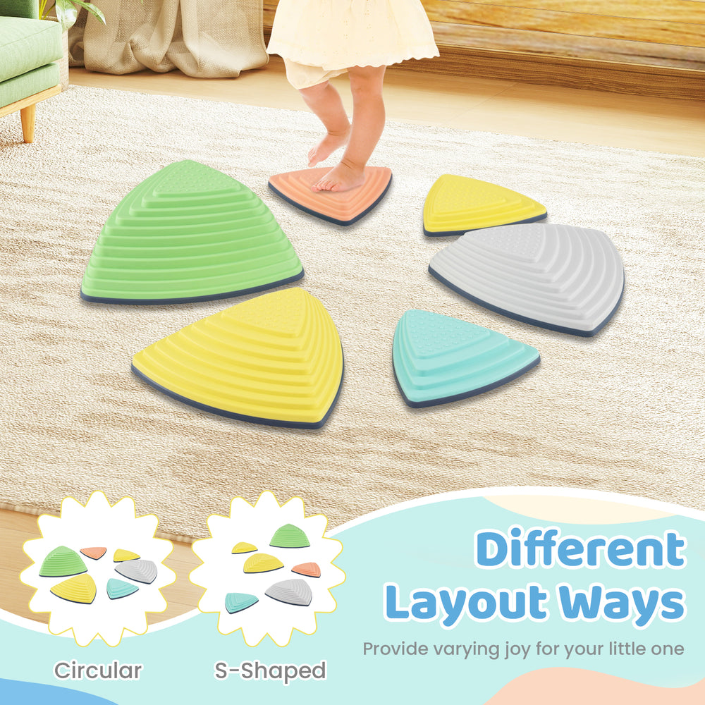 Set of 6 non-slip balance stones in various colors, designed for kids' play and coordination, with a storage bag.