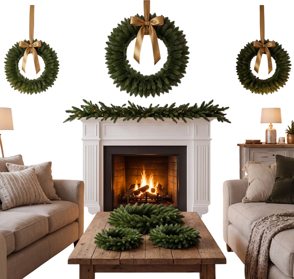 Set of 6 unlit artificial Christmas wreaths with vibrant green leaves, perfect for festive indoor and outdoor decoration.