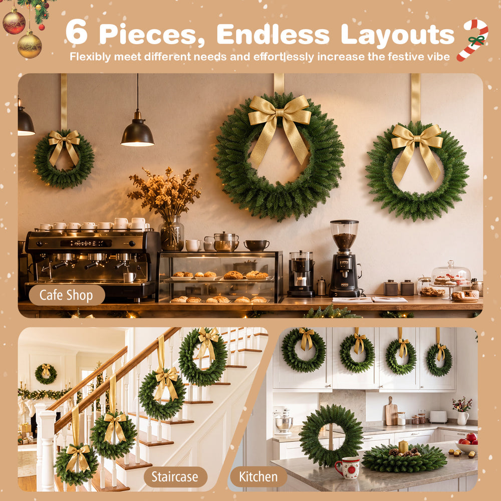 Set of 6 unlit artificial Christmas wreaths in vibrant green, perfect for decorating cafes, kitchens, and staircases.
