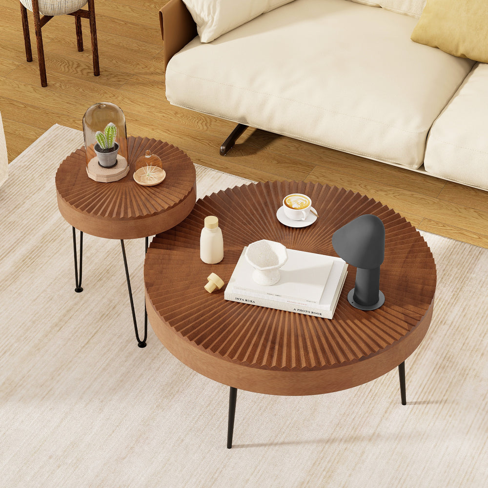 Set of 2 Boho Round Coffee Table with Solid Pine Wood Top and Metal Legs-Brown - Gallery View 1 of 11