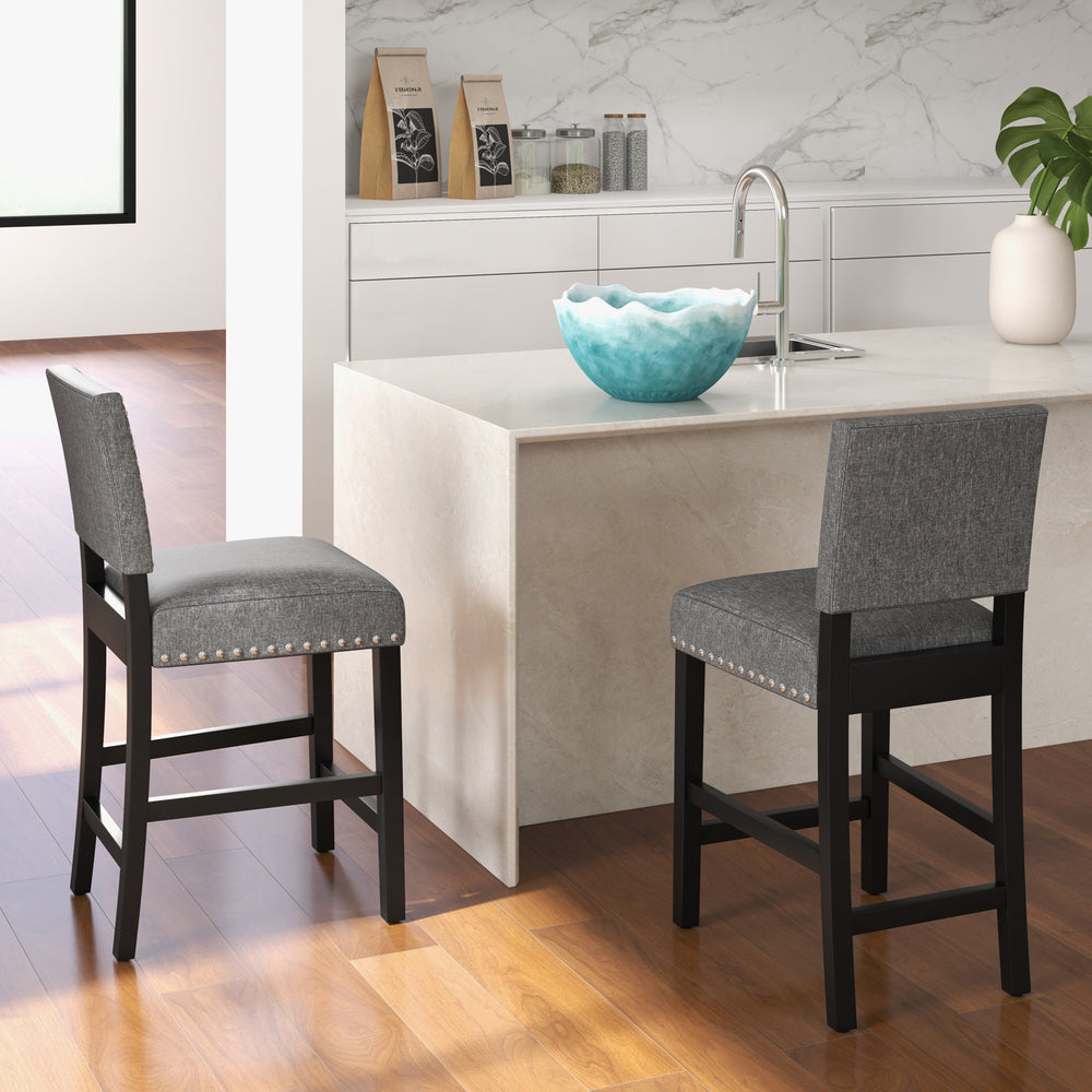 Set of 2 counter height chairs with solid rubber wood frame and cushioned seats, perfect for kitchen islands.
