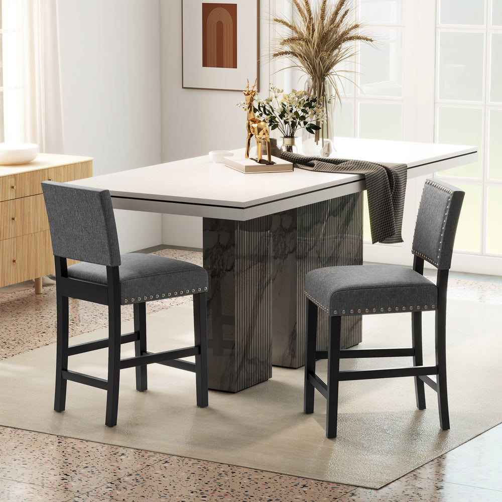 Set of 2 counter height chairs with solid rubber wood frame, cushioned seats, and ergonomic backrest for comfort.