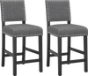 Set of 2 counter height chairs with solid rubber wood frame, gray linen fabric, and decorative rivets for stylish.