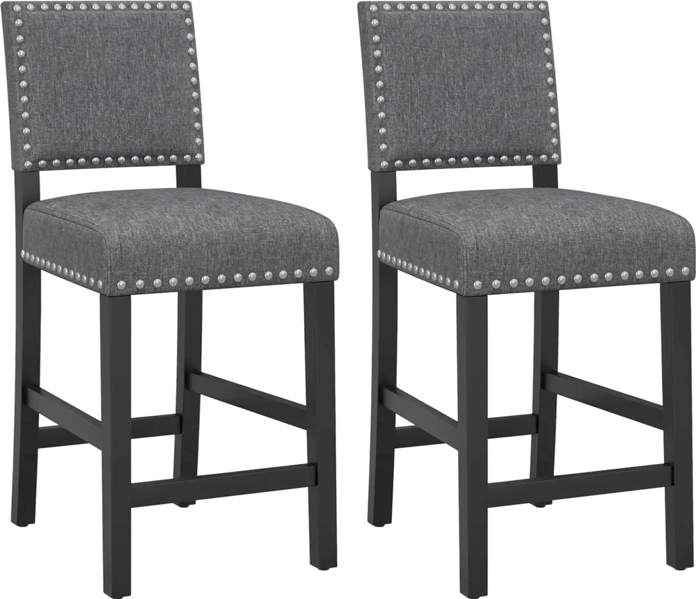 Set of 2 counter height chairs with solid rubber wood frame, gray linen fabric, and decorative rivets for stylish.
