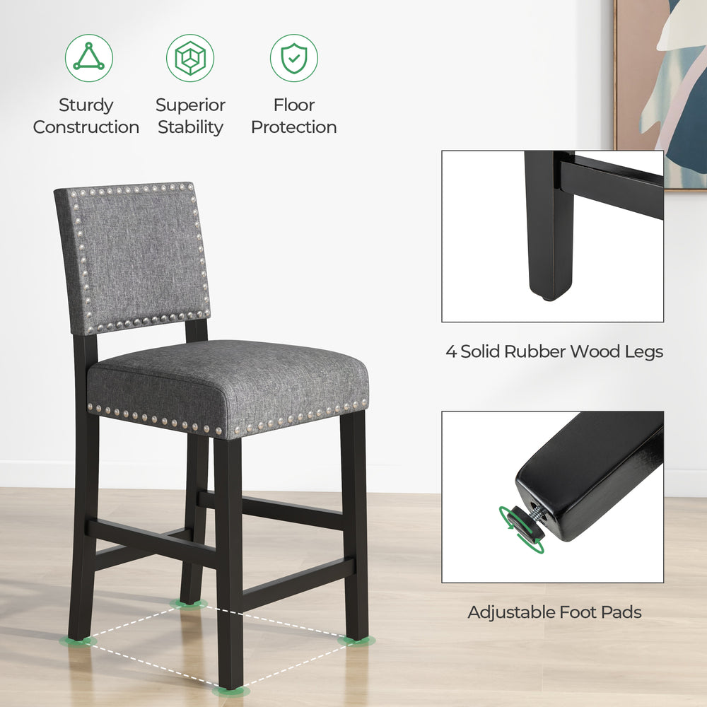 Counter height chair with a durable rubber wood frame, cushioned seat, and stylish rivets for comfortable dining.
