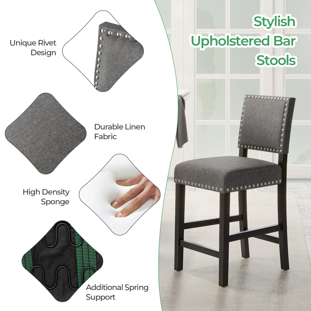 Stylish counter height chair featuring a durable rubber wood frame, linen fabric, and decorative rivets for added.