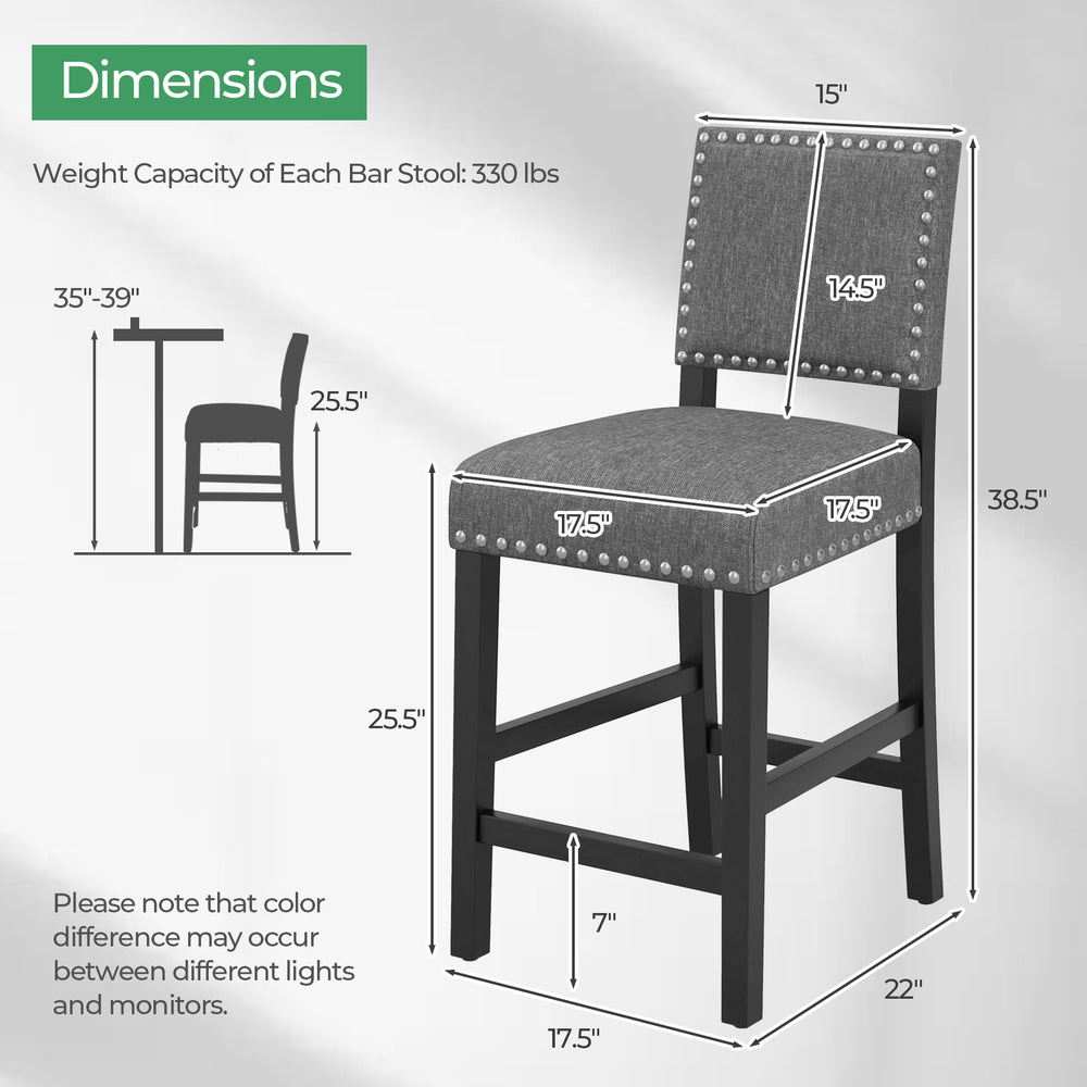 Counter height chair with a solid rubber wood frame, cushioned seat, and decorative rivets for stylish comfort.