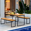 Patio dining bench set made of acacia wood with powder-coated metal legs, perfect for indoor or outdoor use.