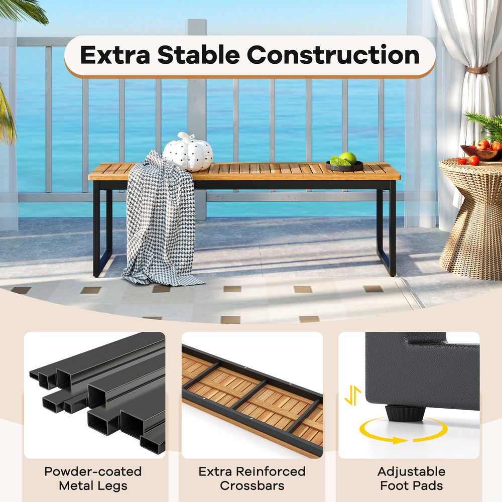 Patio dining bench with acacia wood surface and powder-coated metal legs, ideal for indoor and outdoor use.