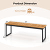Patio dining bench dimensions with acacia wood surface and powder-coated metal legs, suitable for indoor and outdoor.