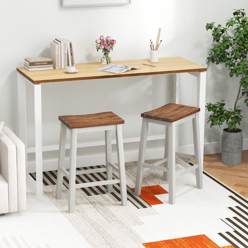 Set of 2 walnut and gray saddle stools with acacia wood seats, perfect for kitchen islands or dining areas.