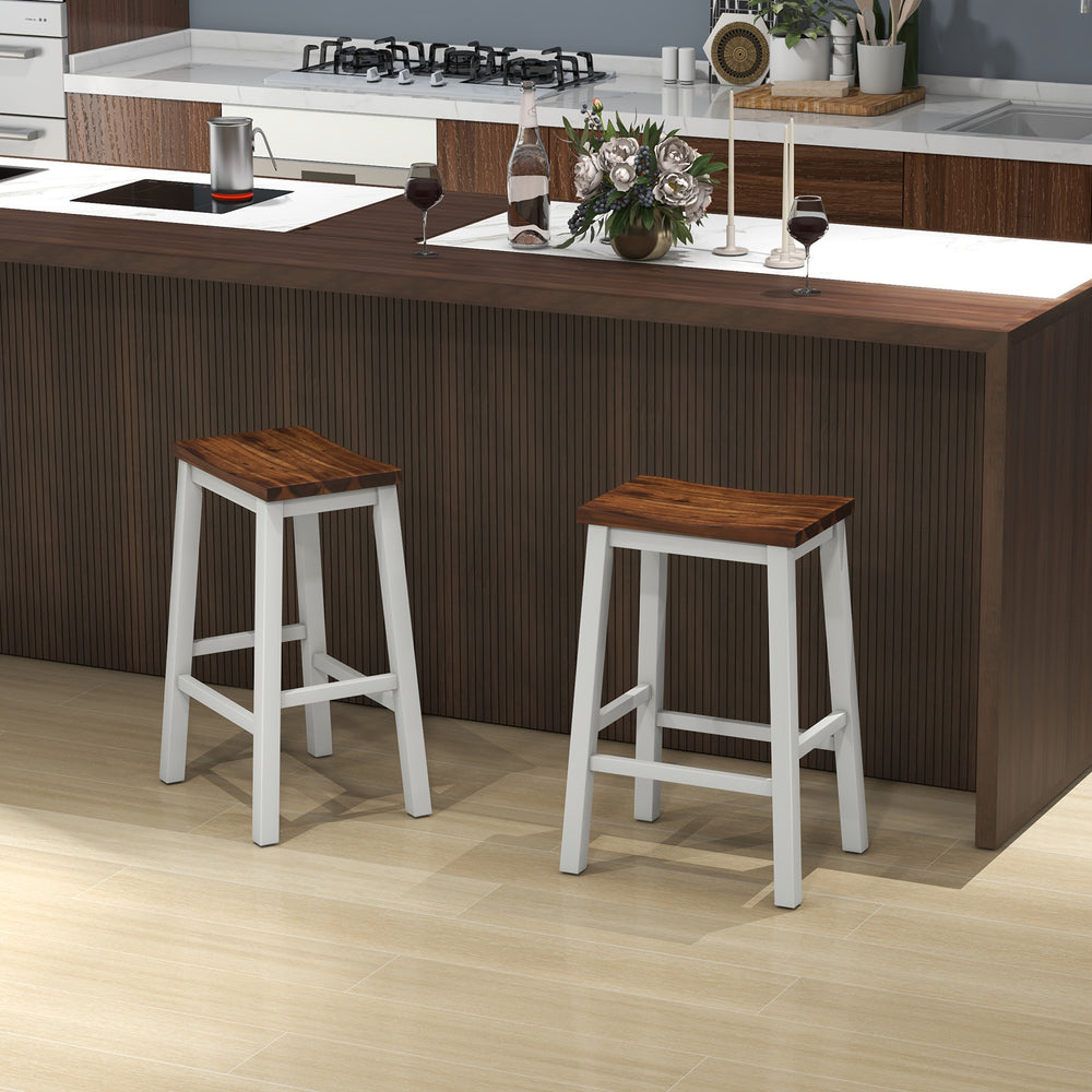 Saddle stool with a wide acacia wood seat and gray legs, designed for comfort and stability in kitchen settings.