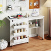 Sewing machine table in white with lockable casters, featuring a 3-tier shelf and built-in charging station for.