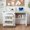 Sewing machine table in white with 3-tier shelf, charging station, and lockable casters for versatile workspace use.