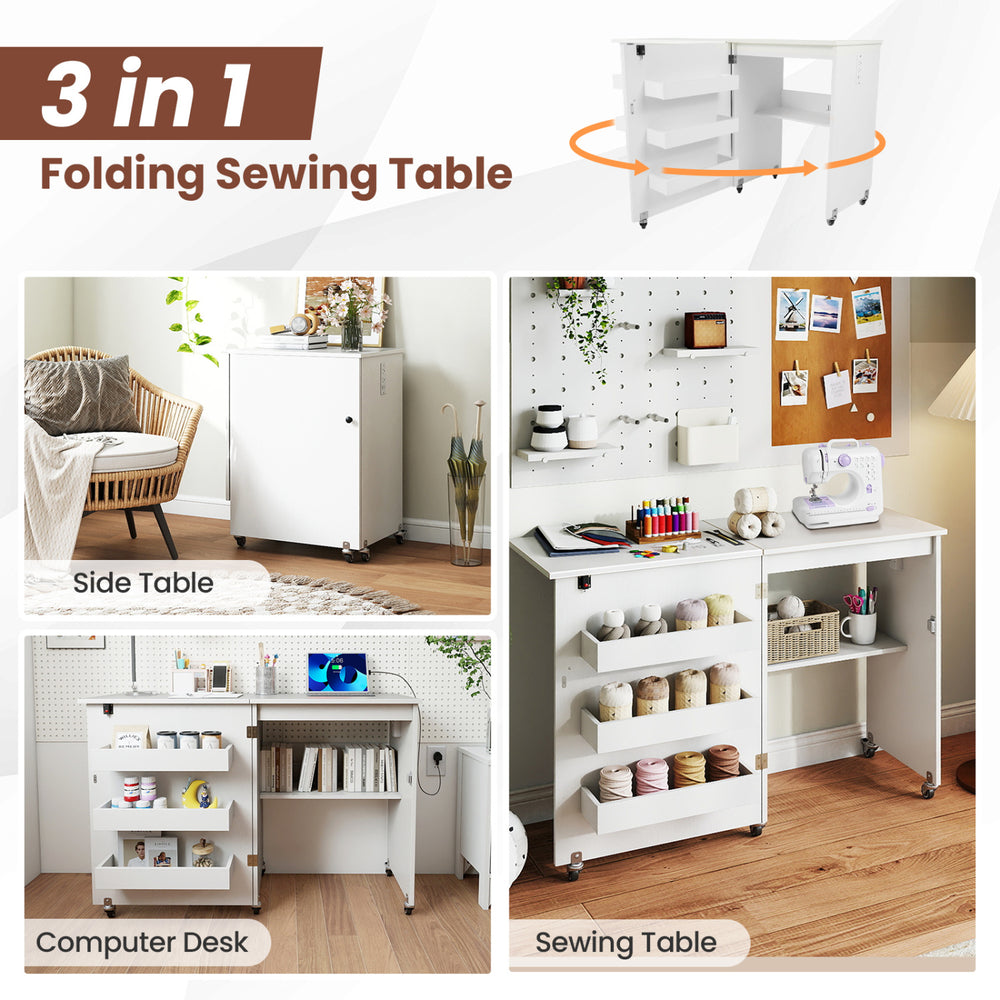Folding sewing table in white, featuring a 3-tier shelf, charging station, and lockable casters for versatile use.