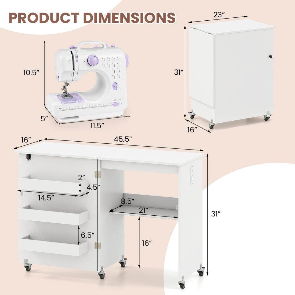 Sewing machine table with charging station, featuring a 3-tier shelf and lockable casters for versatile use.