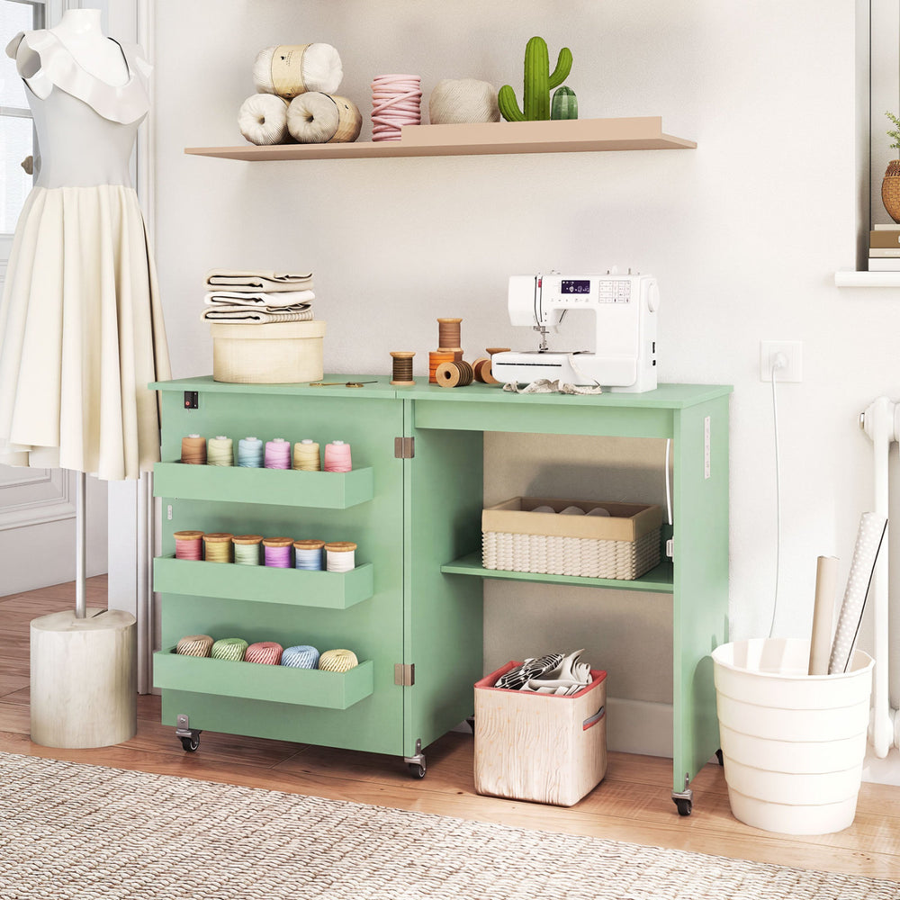 Sewing Machine Table with Charging Station and Lockable Casters-Green - Gallery View 1 of 11