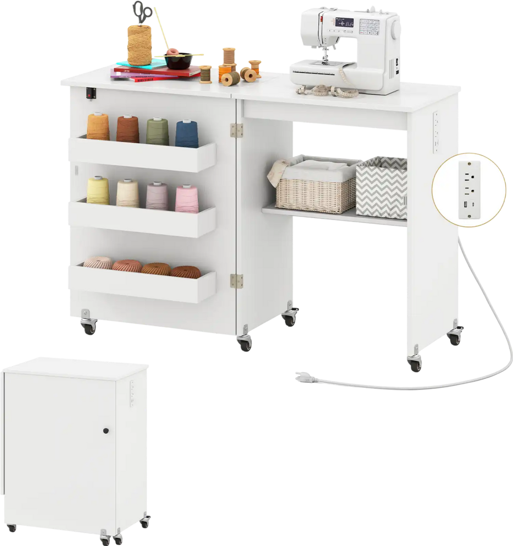 Sewing machine table in white with charging station, 3-tier shelf, and lockable casters for versatile home use.
