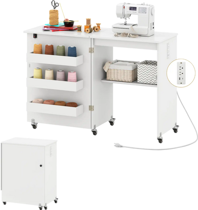 Costway Folding Sewing Machine Table Charging Station Lockable Casters 748532691 New