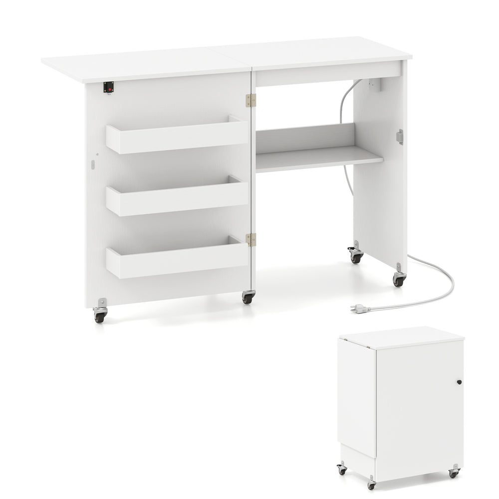 Folding sewing machine table in white with charging station, 3-tier shelf, and lockable casters for versatile use.