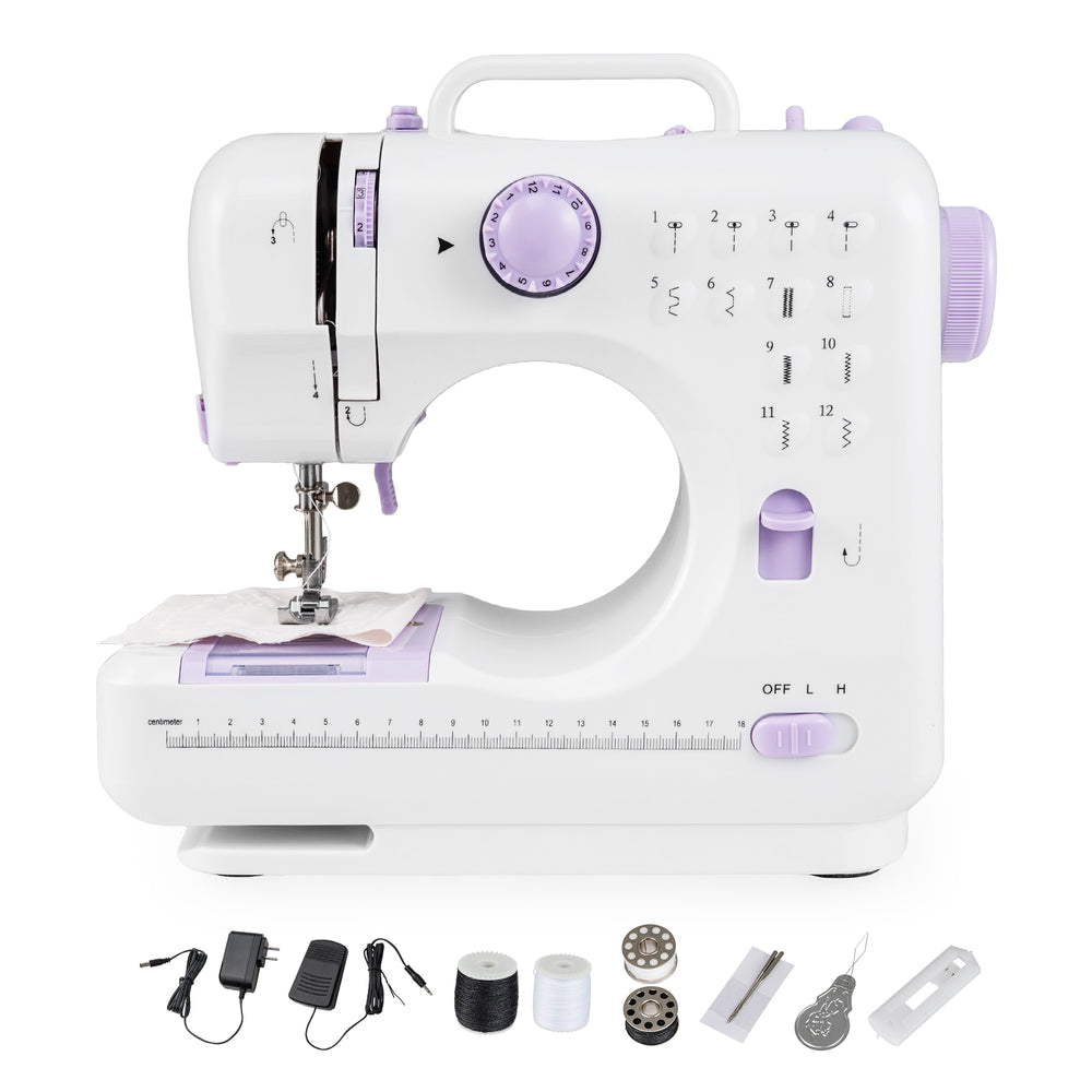 Mini sewing machine in white and lavender with 12 built-in stitches, ideal for beginners and home DIY projects.