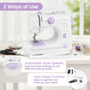 Mini sewing machine with 12 built-in stitches, automatic dual speeds, and foot pedal control for easy operation.