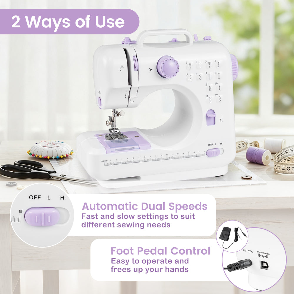 Mini sewing machine with 12 built-in stitches, automatic dual speeds, and foot pedal control for easy operation.