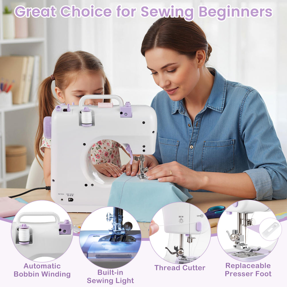 Mini sewing machine for beginners with built-in light, 12 stitches, and automatic bobbin winding for easy DIY projects.