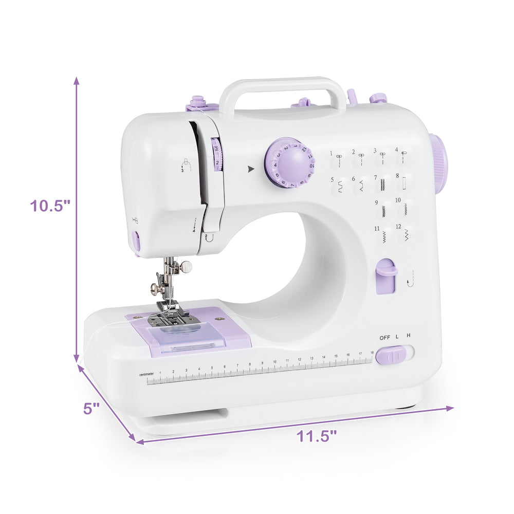 Mini sewing machine with 12 built-in stitches, featuring a portable design and easy foot pedal control for beginners.