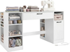 Sewing table with power outlets features spacious tabletop, open shelves, and two drawers for organized crafting storage.