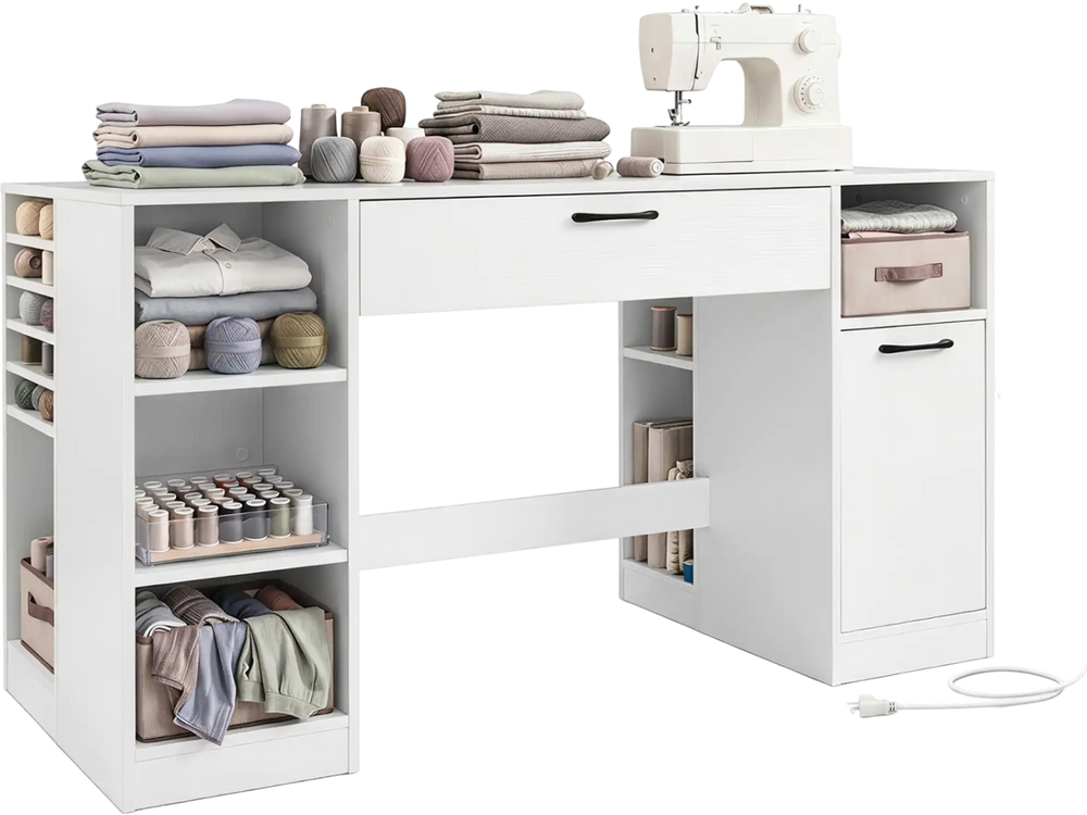 Sewing table with power outlets features spacious tabletop, open shelves, and two drawers for organized crafting storage.