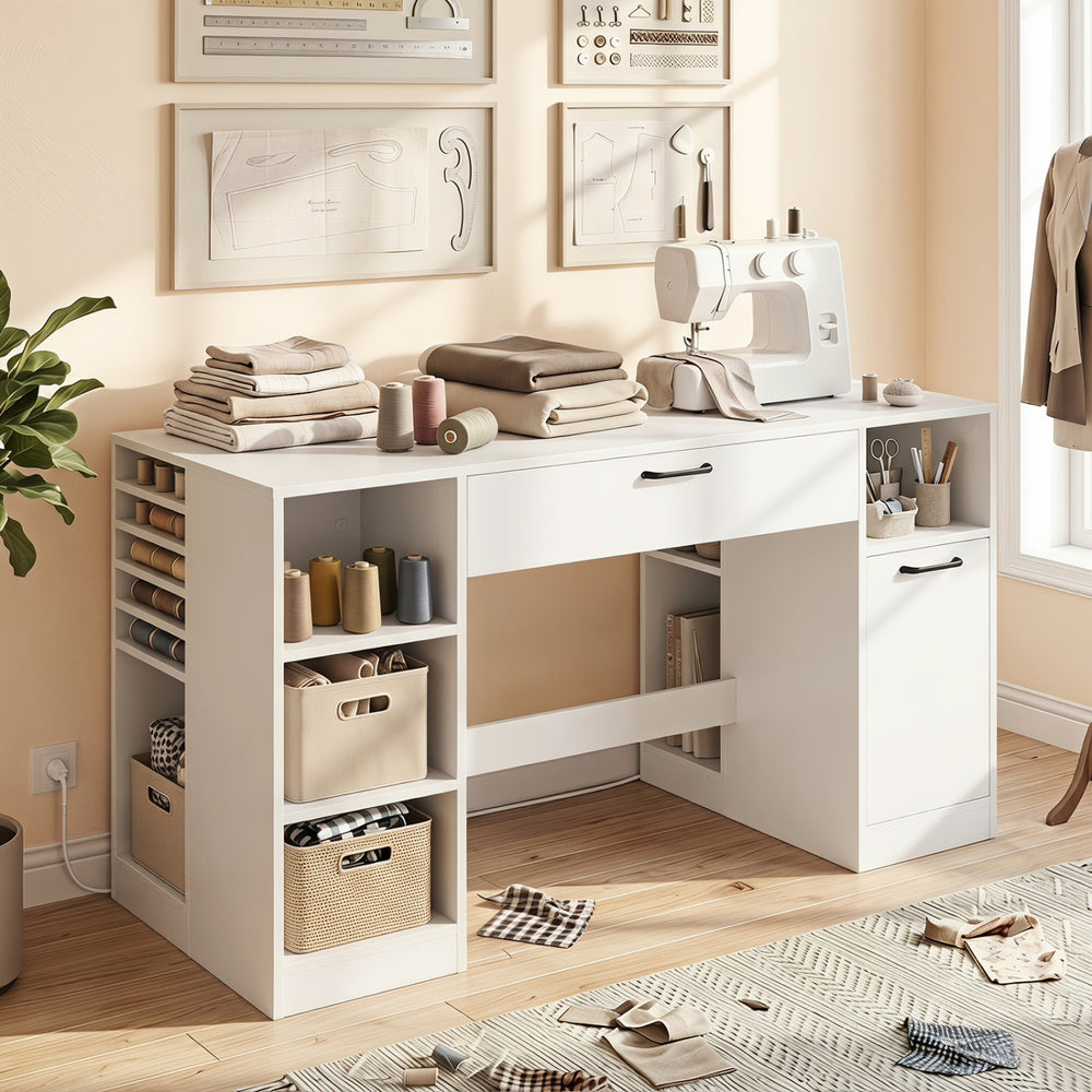 Sewing Table with Power Outlets Craft Station Desk with 2 Drawers Open Compartments-White - Gallery View 1 of 10