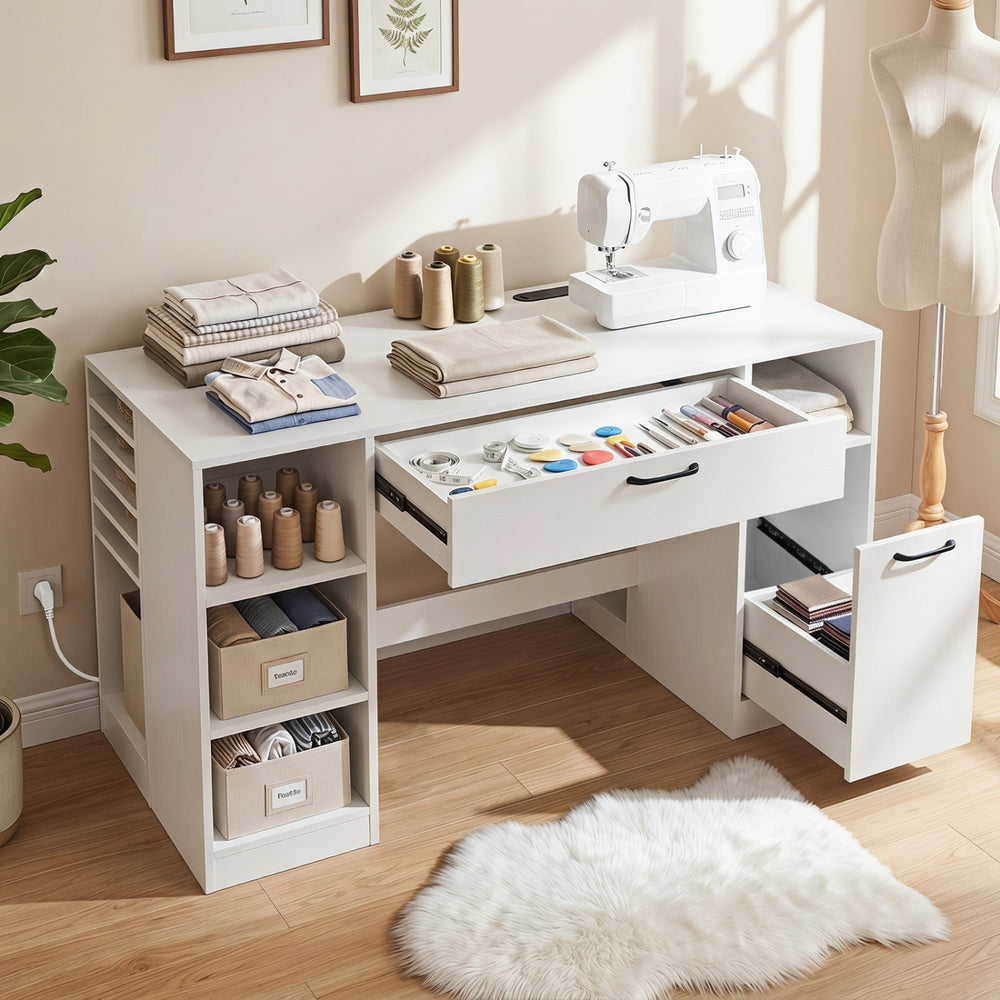 Sewing table with open shelves and two drawers, providing organized storage for crafting supplies and a convenient charging station.