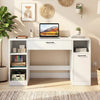Sewing table with white finish includes open shelves, two large drawers, and a convenient charging station for organization.