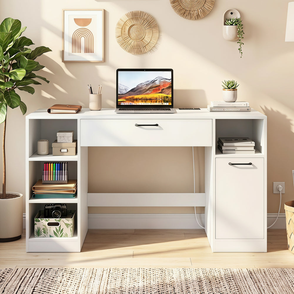 Sewing table with white finish includes open shelves, two large drawers, and a convenient charging station for organization.