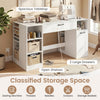 Sewing table with spacious white tabletop, 2 large drawers, open shelves, and classified storage for crafting tools.