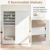 Sewing table with 5 removable shelves and 2 drawers, featuring a spacious tabletop for crafting and convenient power outlets.