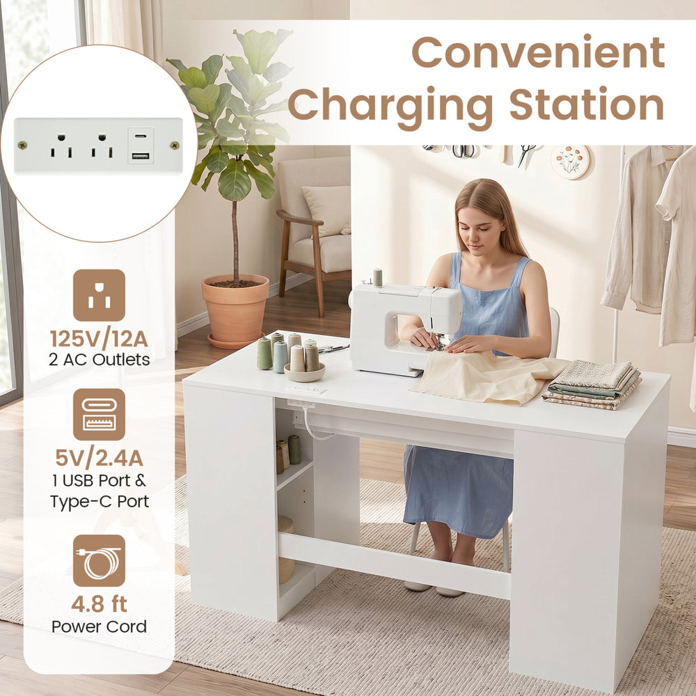 Sewing table with power outlets features spacious tabletop, two drawers, and convenient charging station for crafting.