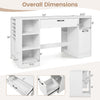 Sewing table with power outlets features spacious tabletop, two drawers, and open compartments for organized crafting storage.
