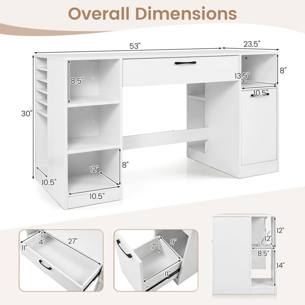 Sewing table with power outlets features spacious tabletop, two drawers, and open compartments for organized crafting storage.