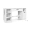 Sewing table in white with power outlets, featuring 2 drawers, open compartments, and flexible storage for crafting supplies.