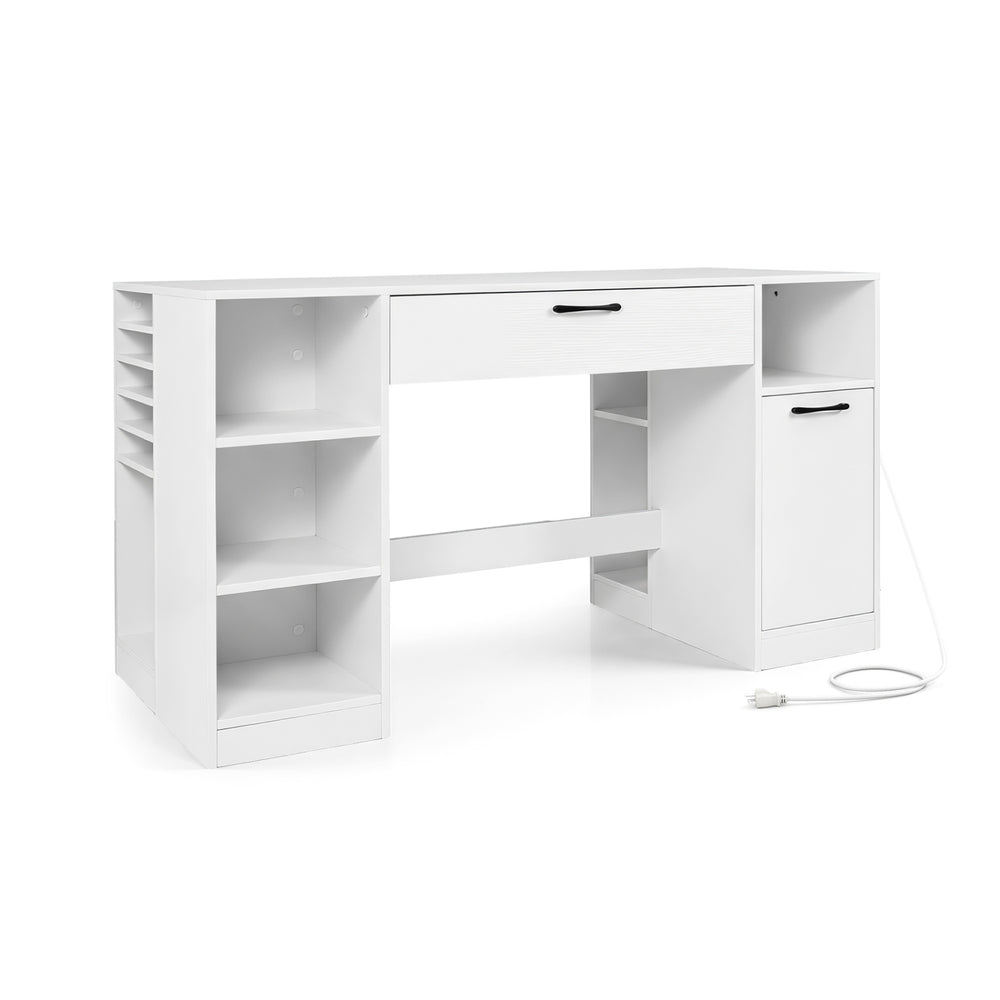 Sewing table in white with power outlets, featuring 2 drawers, open compartments, and flexible storage for crafting supplies.