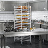 20-tier aluminum pan rolling bakery rack with wheels, ideal for commercial kitchens and food transport.
