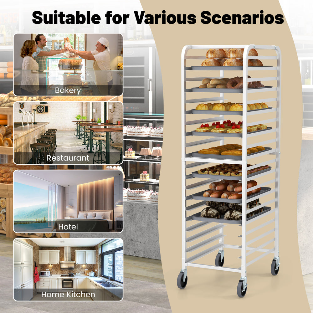 20-tier aluminum pan rolling bakery rack with wheels, ideal for commercial kitchens, bakeries, and home use.