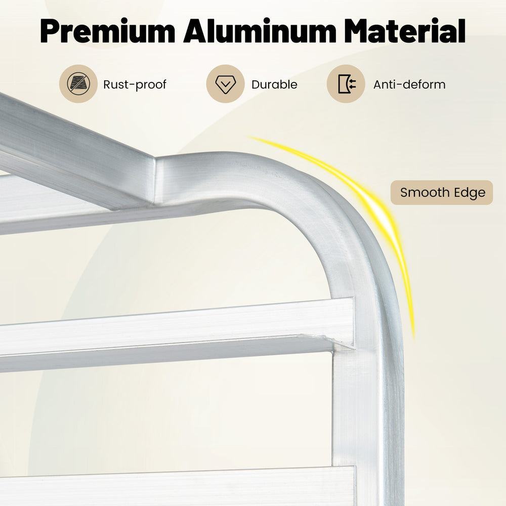 Close-up of the smooth edge of a 20-sheet aluminum pan rolling bakery rack, featuring durable and rust-proof material.