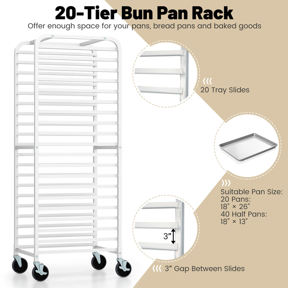 20-tier aluminum pan rack with 3-inch gaps, ideal for bakeries and kitchens, featuring four wheels for easy mobility.