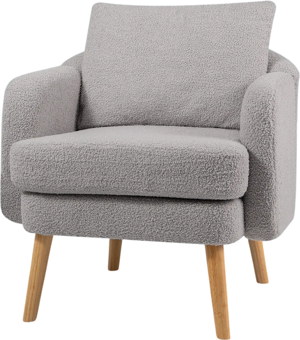 Sherpa accent chair in grey with a thick seat cushion and rubber wood legs, perfect for modern living room decor.